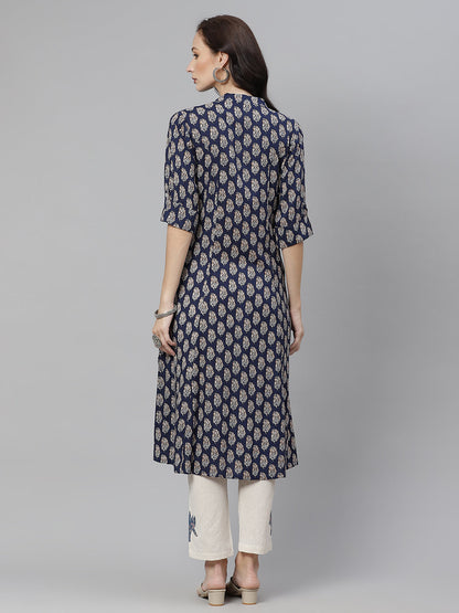 Women'S Indigo Blue Buti Print A-Line Rayon Kurta | LASVINI - Redefining Indian Fashion with Elegance