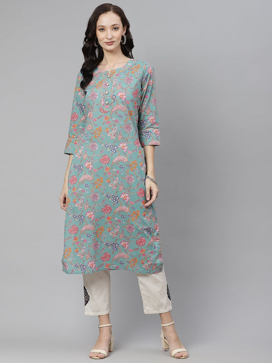 Women'S Green Printed Straight Cotton Kurta | LASVINI - Redefining Indian Fashion with Elegance