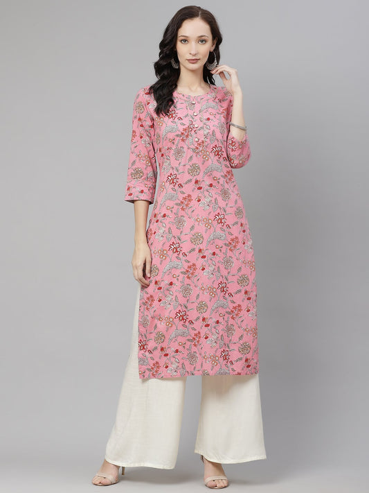 Women'S Pink Printed Straight Cotton Kurta | LASVINI - Redefining Indian Fashion with Elegance