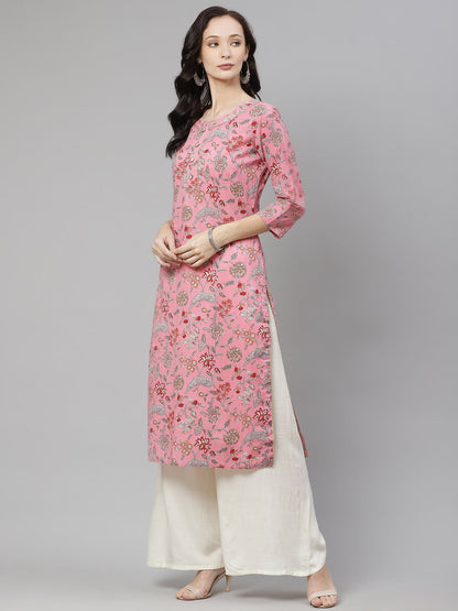 Women'S Pink Printed Straight Cotton Kurta | LASVINI - Redefining Indian Fashion with Elegance
