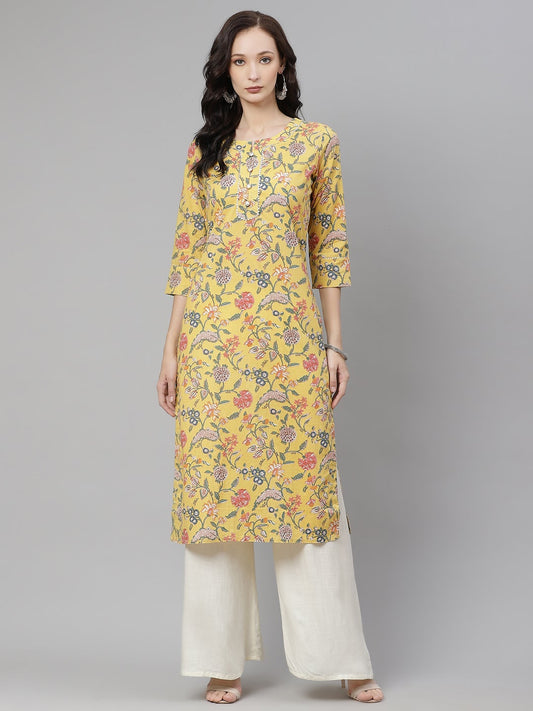 Women'S Yellow Printed Straight Cotton Kurta | LASVINI - Redefining Indian Fashion with Elegance