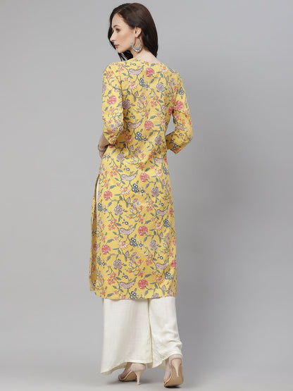 Women'S Yellow Printed Straight Cotton Kurta | LASVINI - Redefining Indian Fashion with Elegance