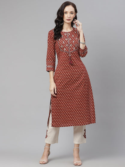 Women'S Maroon Buti Print Straight Kurta With Cotton Pants | LASVINI - Redefining Indian Fashion with Elegance