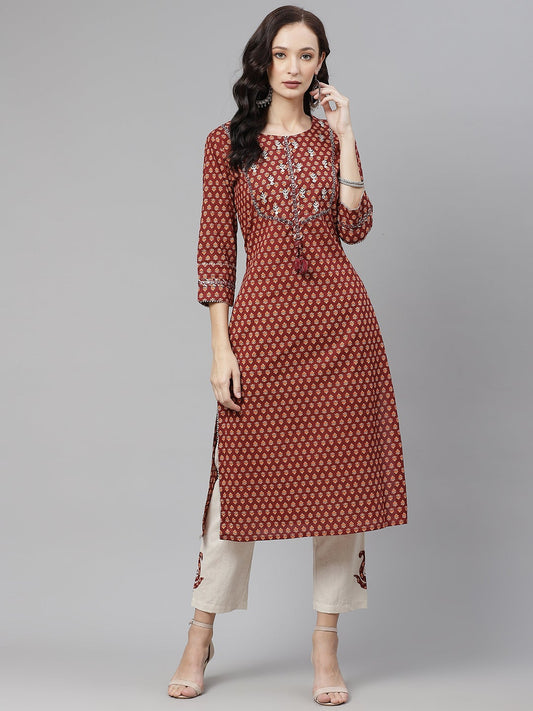 Women'S Maroon Buti Print Straight Kurta With Cotton Pants | LASVINI - Redefining Indian Fashion with Elegance