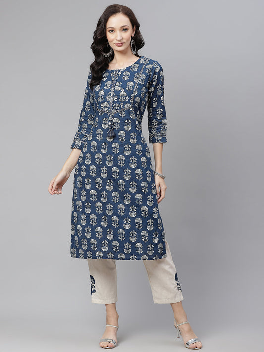 Women'S Indigo Blue Buti Print Straight Kurta With Cotton Pants | LASVINI - Redefining Indian Fashion with Elegance