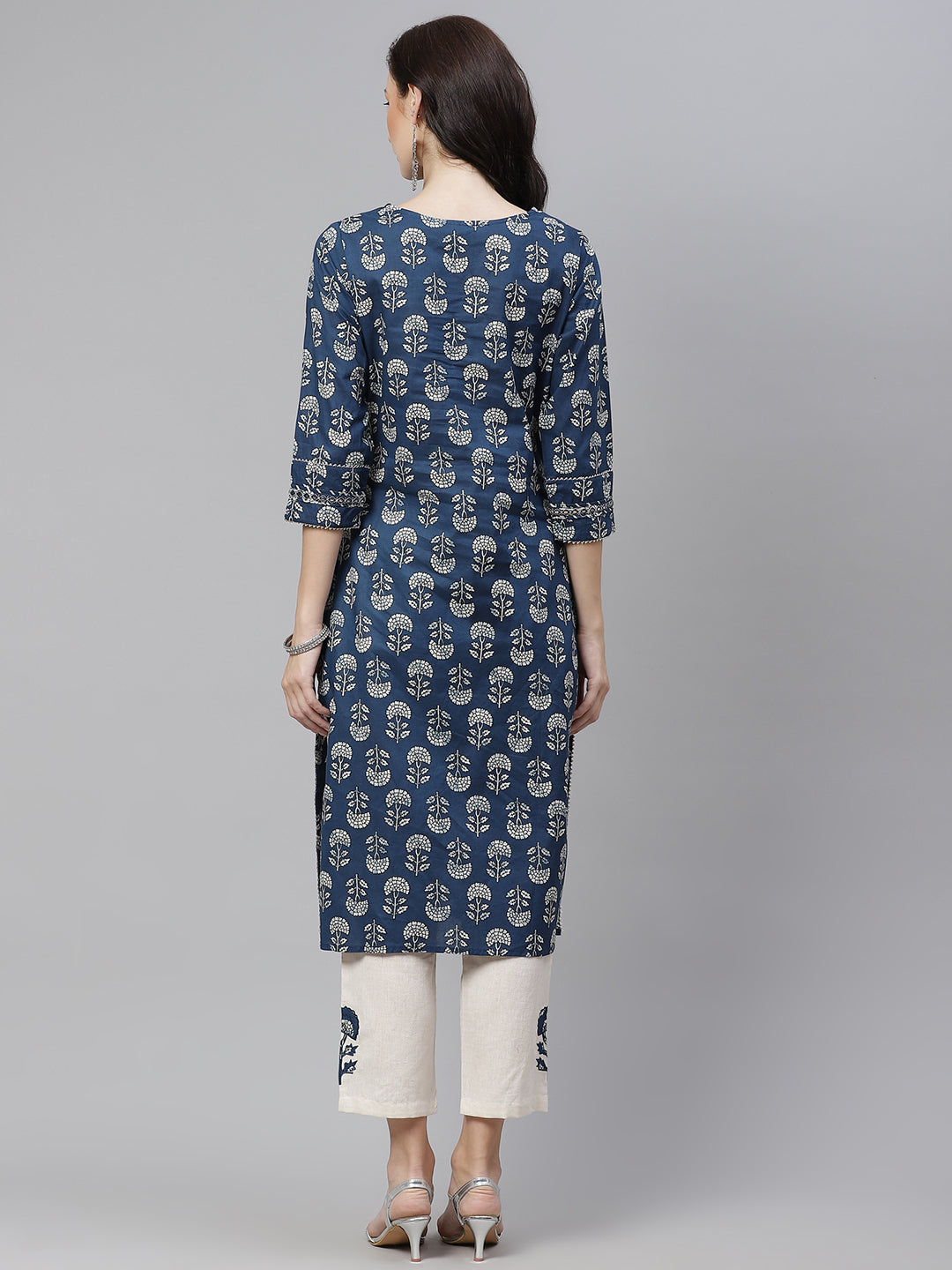 Women'S Indigo Blue Buti Print Straight Kurta With Cotton Pants | LASVINI - Redefining Indian Fashion with Elegance