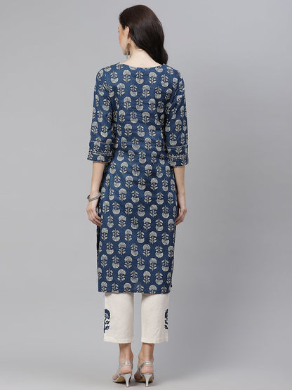 Women'S Indigo Blue Buti Print Straight Kurta With Cotton Pants | LASVINI - Redefining Indian Fashion with Elegance