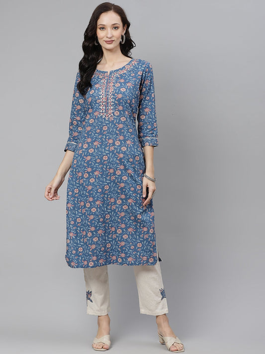 Women'S Blue Printed Straight Kurta With Cotton Pants | LASVINI - Redefining Indian Fashion with Elegance