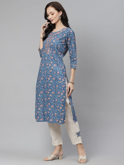 Women'S Blue Printed Straight Kurta With Cotton Pants | LASVINI - Redefining Indian Fashion with Elegance