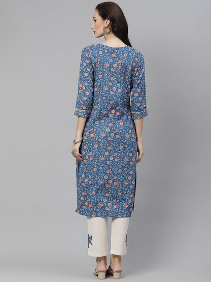 Women'S Blue Printed Straight Kurta With Cotton Pants | LASVINI - Redefining Indian Fashion with Elegance