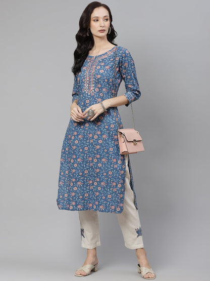 Women'S Blue Printed Straight Kurta With Cotton Pants | LASVINI - Redefining Indian Fashion with Elegance
