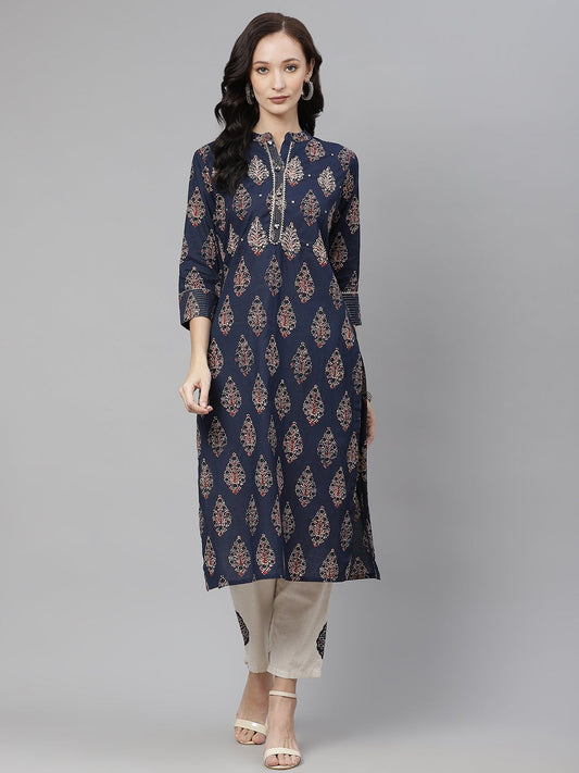 Women'S Blue Printed Straight Kurta With Cotton Pants | LASVINI - Redefining Indian Fashion with Elegance