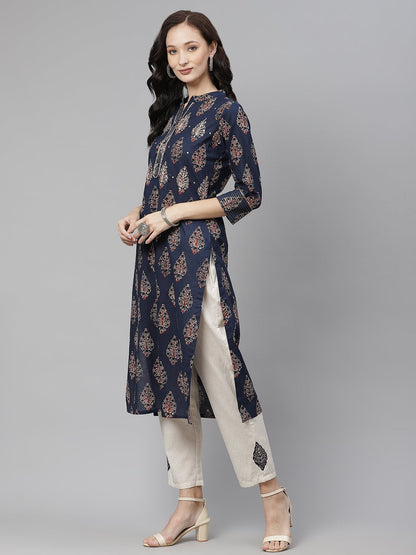 Women'S Blue Printed Straight Kurta With Cotton Pants | LASVINI - Redefining Indian Fashion with Elegance