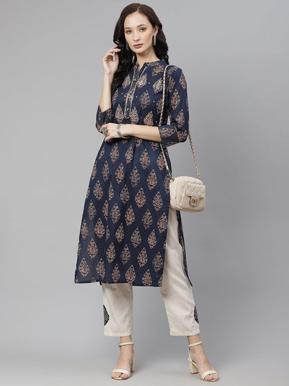 Women'S Blue Printed Straight Kurta With Cotton Pants | LASVINI - Redefining Indian Fashion with Elegance
