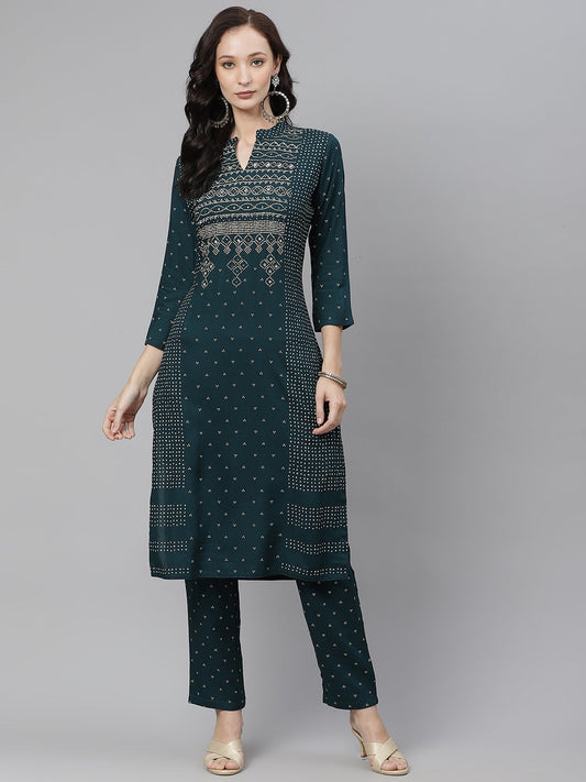 Women'S Dark Green Bandhej Printed Rayon Kurta With Pants | LASVINI - Redefining Indian Fashion with Elegance