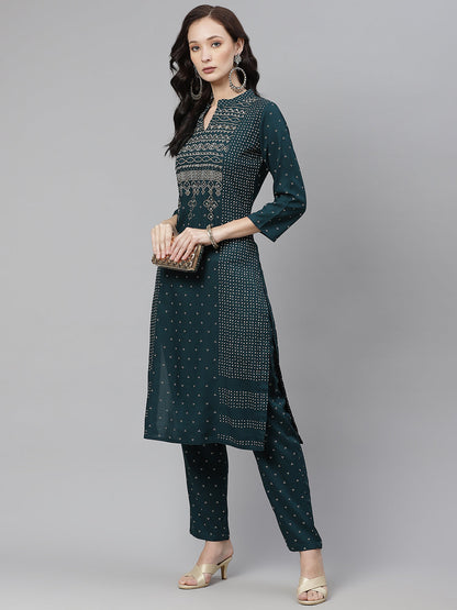 Women'S Dark Green Bandhej Printed Rayon Kurta With Pants | LASVINI - Redefining Indian Fashion with Elegance