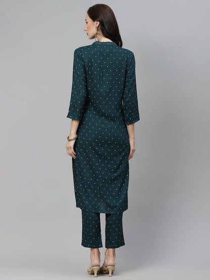 Women'S Dark Green Bandhej Printed Rayon Kurta With Pants | LASVINI - Redefining Indian Fashion with Elegance
