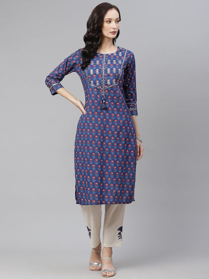 Women'S Blue Printed Straight Kurta With Cotton Pants | LASVINI - Redefining Indian Fashion with Elegance