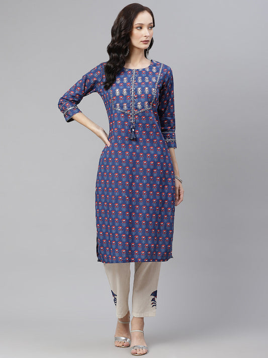Women'S Blue Printed Straight Kurta With Cotton Pants | LASVINI - Redefining Indian Fashion with Elegance