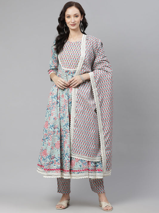 Women'S Blue Self Print Cotton Anarkali Kurta Palazzo Set With Dupatta | LASVINI - Redefining Indian Fashion with Elegance