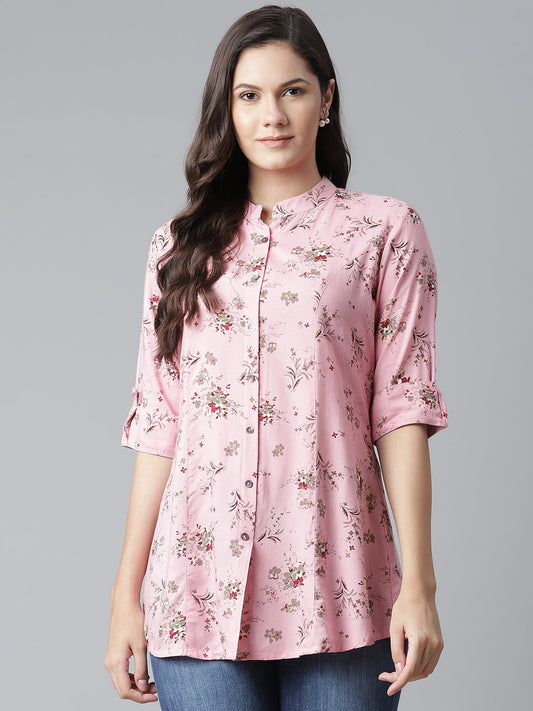 Women'S Pink Leaf Rayon Print Top | LASVINI - Redefining Indian Fashion with Elegance