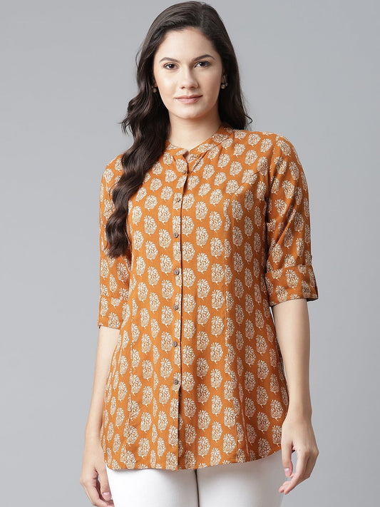 Women'S Mustard Rayon Printed Top | LASVINI - Redefining Indian Fashion with Elegance