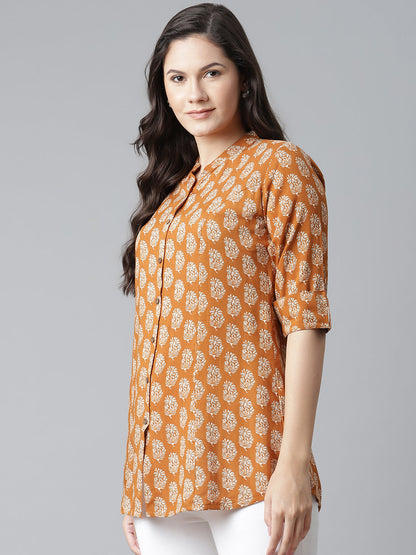 Women'S Mustard Rayon Printed Top | LASVINI - Redefining Indian Fashion with Elegance