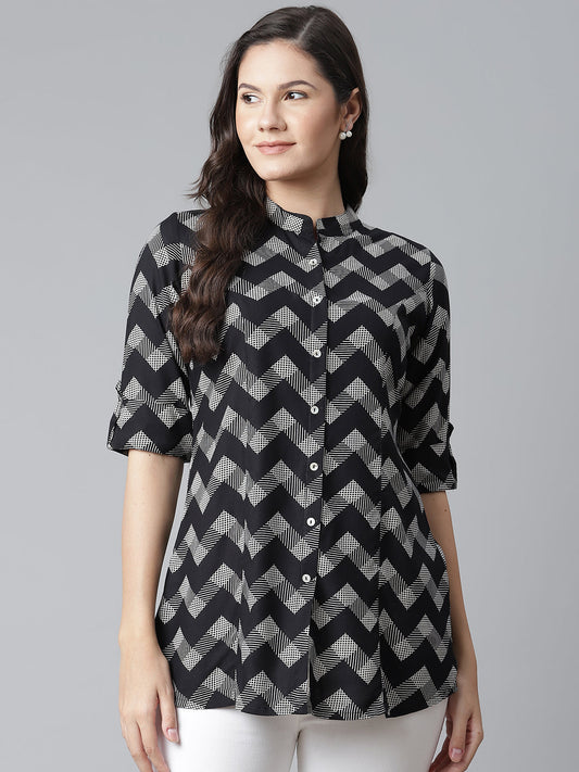 Women'S Black Rayon Zigzag Print Top | LASVINI - Redefining Indian Fashion with Elegance