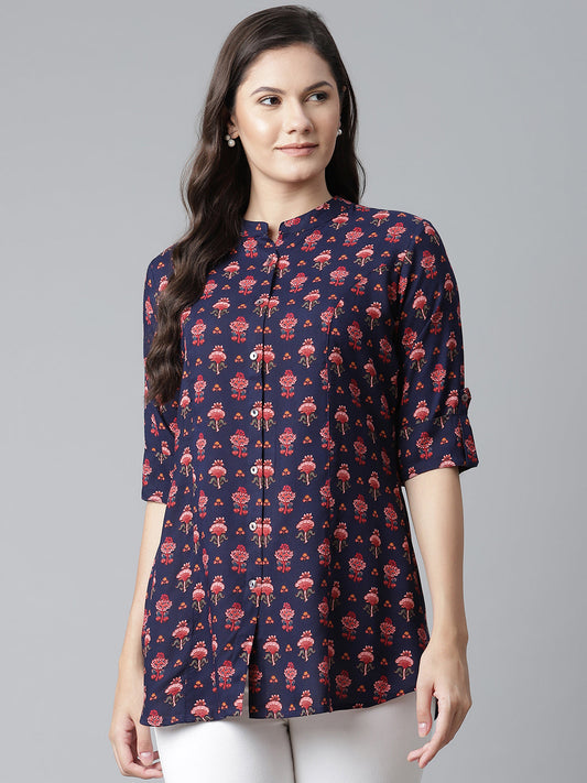 Women'S Dark Blue Rayon Printed Top | LASVINI - Redefining Indian Fashion with Elegance