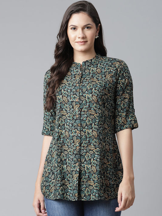 Women'S Navy Blue Green Rayon Printed Top | LASVINI - Redefining Indian Fashion with Elegance
