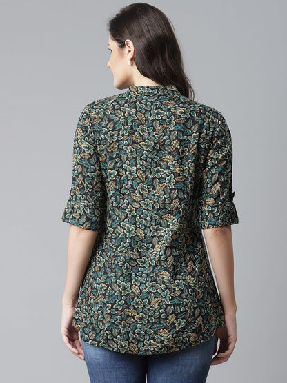 Women'S Navy Blue Green Rayon Printed Top | LASVINI - Redefining Indian Fashion with Elegance