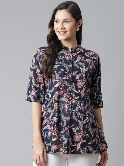 Women'S Blue Printed Rayon Top | LASVINI - Redefining Indian Fashion with Elegance
