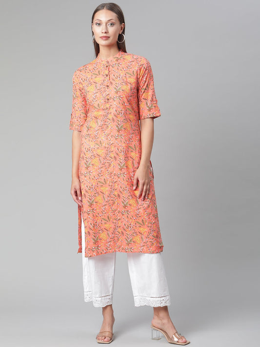 Women'S Peach Floral Print Cotton Straight Kurta | LASVINI - Redefining Indian Fashion with Elegance
