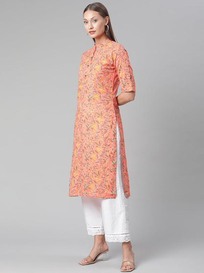 Women'S Peach Floral Print Cotton Straight Kurta | LASVINI - Redefining Indian Fashion with Elegance