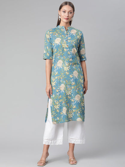 Women'S Teal Floral Print Cotton Straight Kurta | LASVINI - Redefining Indian Fashion with Elegance