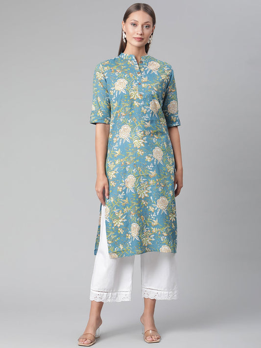 Women'S Teal Floral Print Cotton Straight Kurta | LASVINI - Redefining Indian Fashion with Elegance