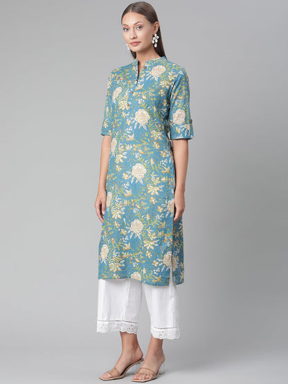 Women'S Teal Floral Print Cotton Straight Kurta | LASVINI - Redefining Indian Fashion with Elegance