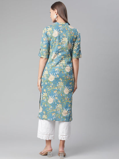 Women'S Teal Floral Print Cotton Straight Kurta | LASVINI - Redefining Indian Fashion with Elegance