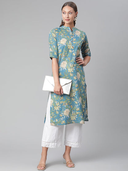 Women'S Teal Floral Print Cotton Straight Kurta | LASVINI - Redefining Indian Fashion with Elegance