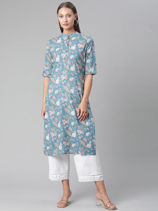 Women'S Blue Floral Print Cotton Straight Kurta | LASVINI - Redefining Indian Fashion with Elegance