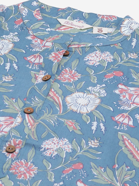 Women'S Blue Floral Print Cotton Straight Kurta | LASVINI - Redefining Indian Fashion with Elegance