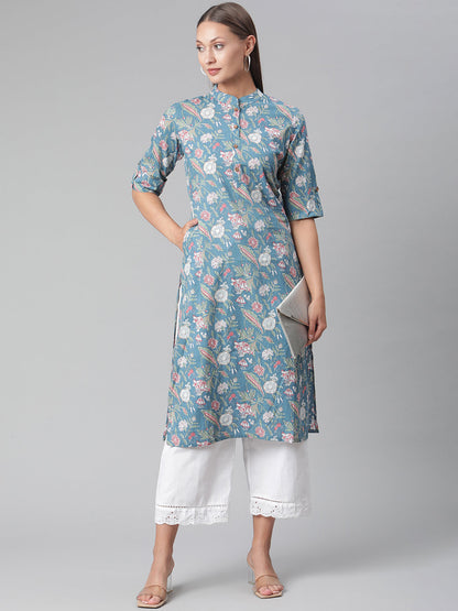 Women'S Blue Floral Print Cotton Straight Kurta | LASVINI - Redefining Indian Fashion with Elegance