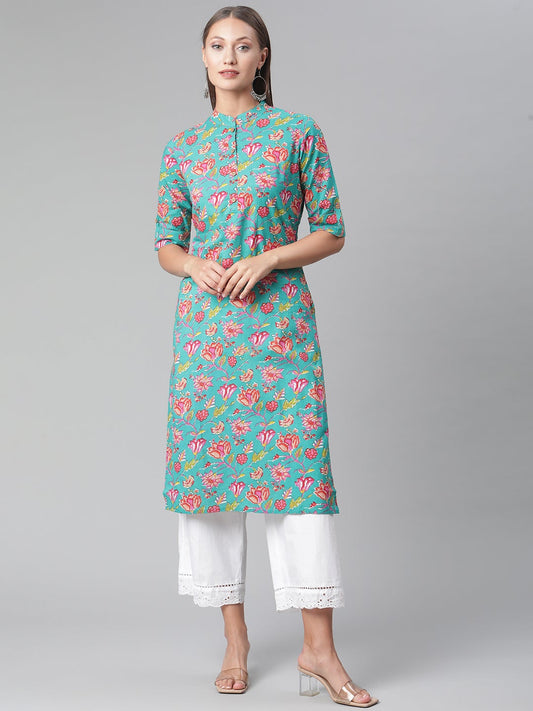 Women'S Green Floral Print Cotton Straight Kurta | LASVINI - Redefining Indian Fashion with Elegance