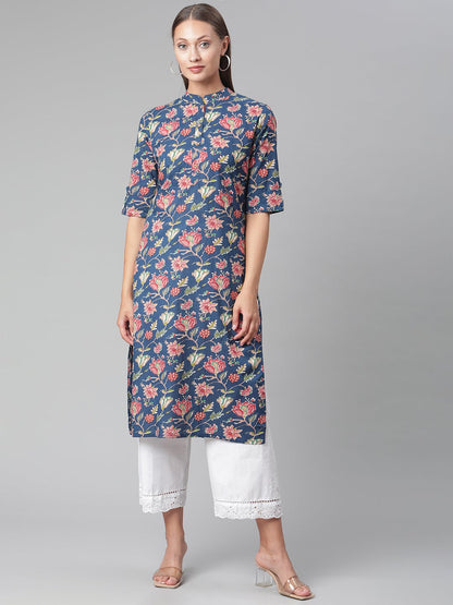 Women'S Blue Floral Print Cotton Straight Kurta | LASVINI - Redefining Indian Fashion with Elegance