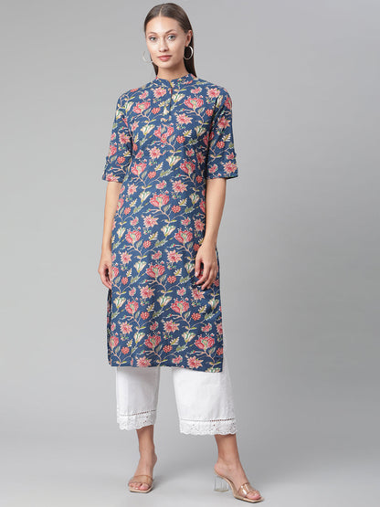 Women'S Blue Floral Print Cotton Straight Kurta | LASVINI - Redefining Indian Fashion with Elegance