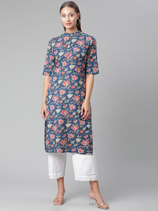 Women'S Blue Floral Print Cotton Straight Kurta | LASVINI - Redefining Indian Fashion with Elegance