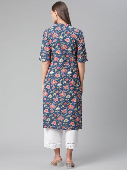 Women'S Blue Floral Print Cotton Straight Kurta | LASVINI - Redefining Indian Fashion with Elegance
