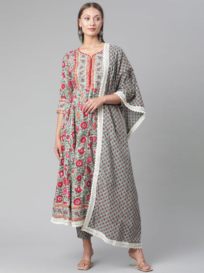 Women'S Sea Green Self Print Cotton Anarkali Kurta Palazzo Set With Dupatta | LASVINI - Redefining Indian Fashion with Elegance
