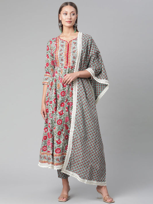 Women'S Sea Green Self Print Cotton Anarkali Kurta Palazzo Set With Dupatta | LASVINI - Redefining Indian Fashion with Elegance