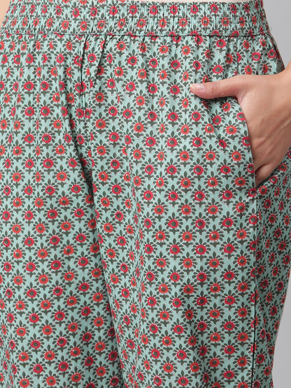 Women'S Sea Green Self Print Cotton Anarkali Kurta Palazzo Set With Dupatta | LASVINI - Redefining Indian Fashion with Elegance